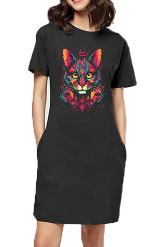 Cat Love Premium Printed T-Shirt Dress - The Vybe Store