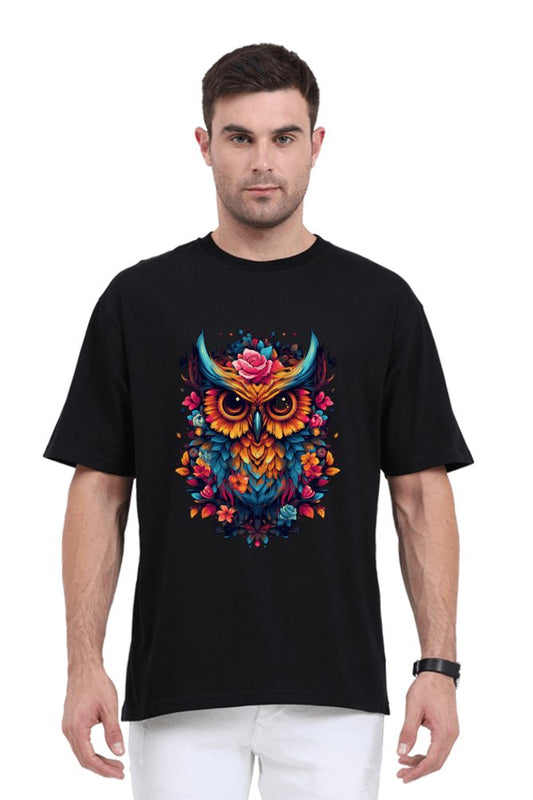 Colorful Owl Art Oversized Printed T-Shirt - The Vybe Store